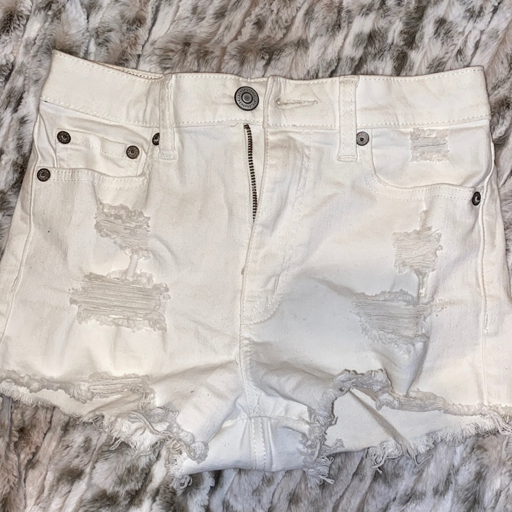 white distressed high rise jean shorts
